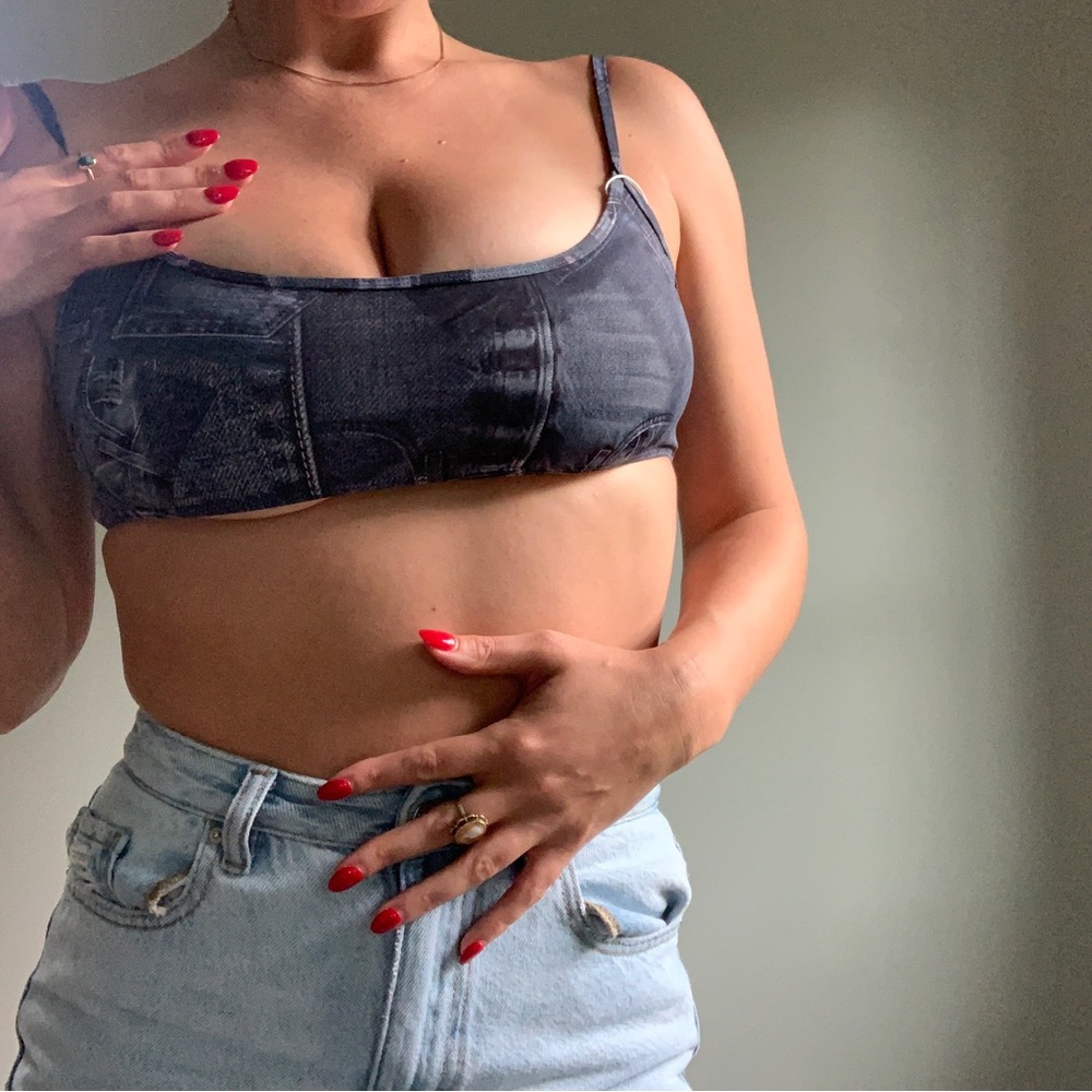 Frankie’s Bikinis denim printed bikini top